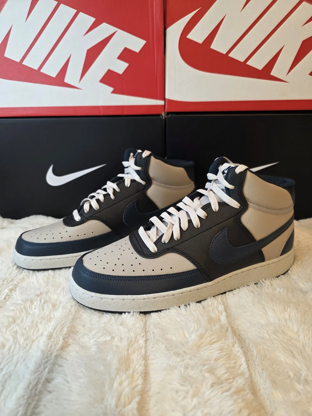 Nike Men’s Mid-Top Leather Sneakers in Beige and Black